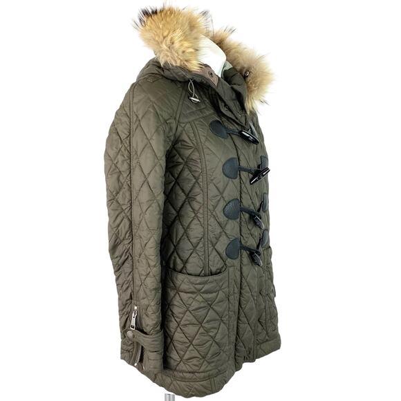 BURBERRY BRIT OLIVE GREEN QUILTED Lansdowne TOGGLE COAT XS W/ REMOVABLE FUR TRIM - Picture 6 of 12